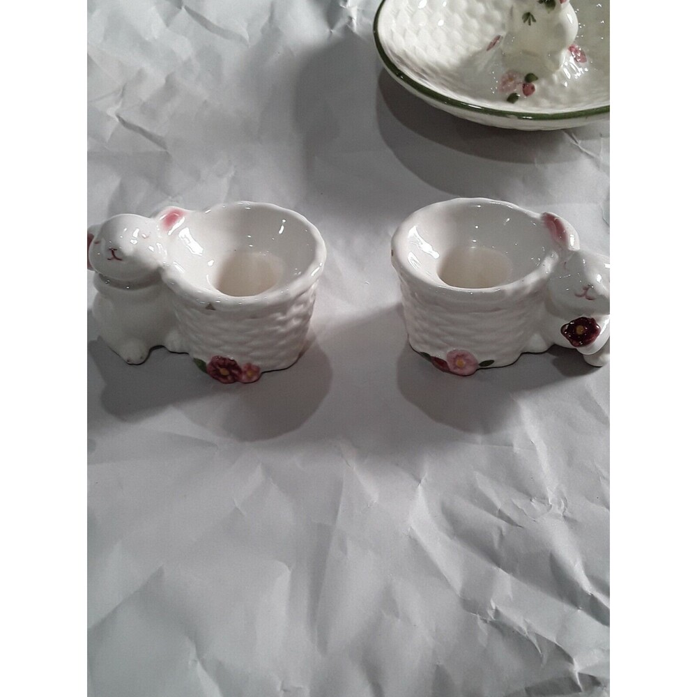 Lot Of Vintage Avon Ceramics, Bunny, 3 pieces, 2 candleholders one trinket dish